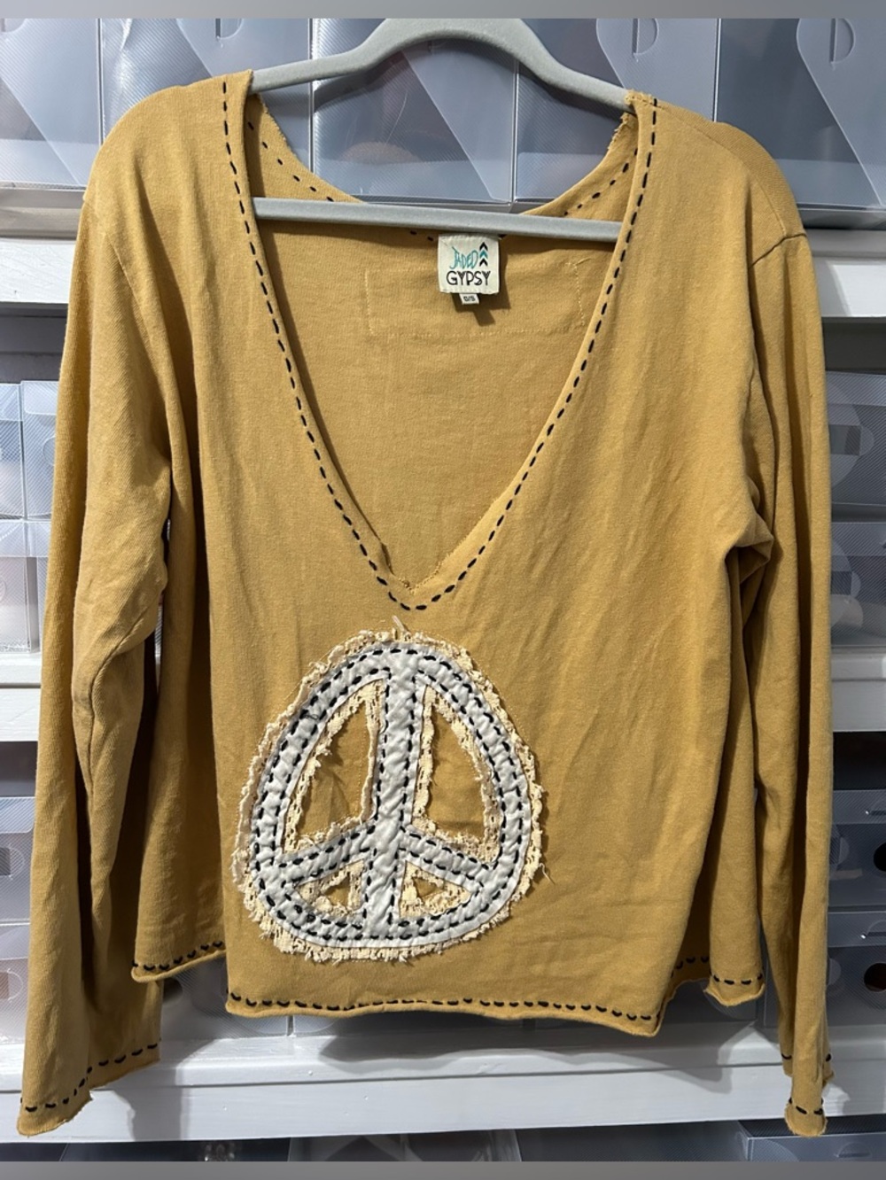 Jaded Gypsy Mustard Yellow V-Neck Long Sleeve Top with Peace Sign